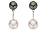 Cultured Pink and Black Pearl and 1/10 Carat Diamond 14K White Gold Earrings