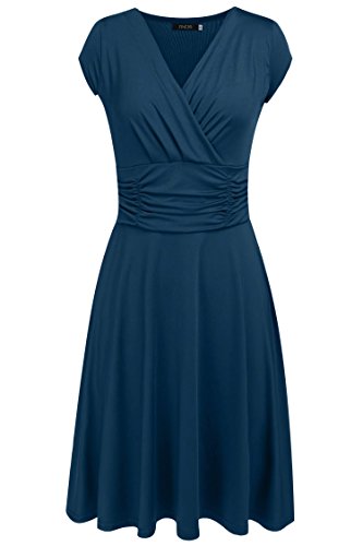 Finejo Women's V-Neck Casual Vintage Ruched Waist Cocktail Swing Party Dress Lake Blue X-Large