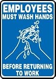 EMPLOYEES MUST WASH HANDS BEFORE RETURNING TO WORK (W/GRAPHIC) 10 x 7 Adhesive Vinyl Sign