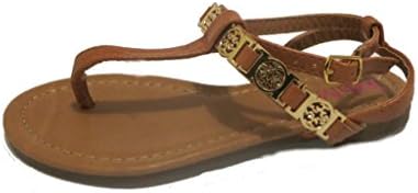 Nichole Simpson Girl's Leather T Strap Thong Gladiator Flat Sandal with Gold Medallion (Sophia 2)