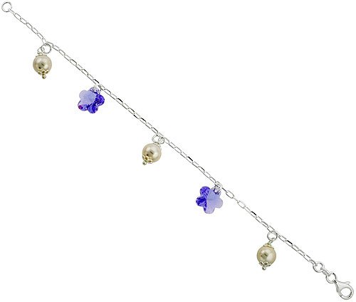 Sterling Silver Italian Charm Bracelet w/ Swarovski Crystals & Pearls Flower Pendants, 3/4\