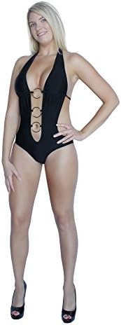 FlirtzyDeep V Neck Monokini with Brazilian Back, Silver Rings, Removable Pads, Lightly Padded Top, Ties at Neck & Back