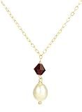 Gold Plated Sterling Silver Crystallized Swarovski Elements July Birthstone Ruby Color Bicone Bead and White Freshwater Cultured Pearl Drop Necklace, 18