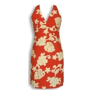 Sexy Halter Dress - Bold Hibiscus Hawaiian Aloha Crisscross Back Fitted Halter Sun Dress in Red - Regular and Plus Size
