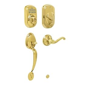 Schlage FE365 PLY 505 FLA 605 Plymouth Keypad Handleset with Flair Lever, Lifetime Polished Brass/Po
