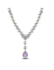 Sterling Silver 8.0-8.5mm Freshwater Cultured Pearl Gemstone and Cubic Zirconia Necklace