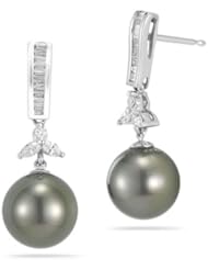 0.36 Cts Diamond & Tahitian Pearl Earrings in 18K White Gold