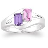 Silvertone Couples Emerald-cut Birthstone & Name Ring