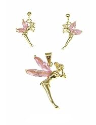 Kala-isjewels- 18ct Gold Plated Ladies Pink CZ Fairies Pendant(1") and Earrings (0,78" )Set .
