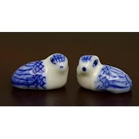 Miniature Pair of Blue and White Porcelain Birds
