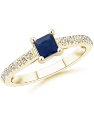 Round Diamond and Square Blue Sapphire Engagement Ring- 0.4 ct TGW