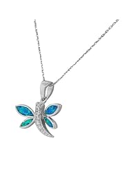 Sterling Silver Blue Turquoise Fire Opal Dragonfly Womens Pendant Necklace Chain