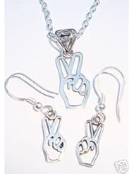 Solid 925 Sterling St Silver Peace Sign Hand Pendant Necklace Earrings Set  7/8x3/8 Inches With A Beautiful Heavily Plated St Silver Chain