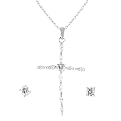 Sterling Silver With Cubic Zirconia Cross Necklace & Round Earring Set - Silver/White ( 18" )