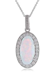 Sterling Silver Created Opal with Created White Sapphire and Diamond Oval Pendant Necklace, 18"
