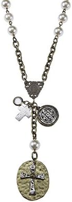 Religious Necklace with Linked Ivory Pearls & Chain Y Necklace with Hammered Cross & Disc Pendant •Features: * Silver Ox/gold Ox Plating * Linked Ivory Pearl & Chain Y Necklace * Layered Hammered Cross/disk Pendant * San Benito & Cross Charms * Approx. Length: 30" + Extender * Lobster Clasp Closure •Vintage Finds Gold Ox Chain & Linked Ivory Pearls Y Necklace with Layered Hammered Cross and Disk Pendant, and San Benito & Cross Charm Accents. Our Vintage Finds Collection Is All the Rage! We've Spent Months Scouring Flea Markets & Our Junk Bins to Put Together This Uber-popular Collection!