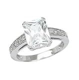 Sterling Silver Solitaire Engagement Ring with Baguette Shape Cubic Zirconia in Four Prong Setting with Paved Sides