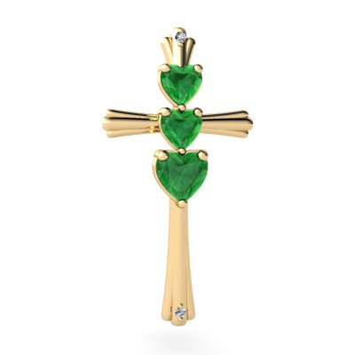 14K Yellow Gold Genuine Heart Emerald and Diamond Cross Pendant
