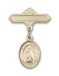 14kt Gold Baby Badge with St. Blaise Charm and Polished Badge Pin, Catholic Saint Blaise Patron Saint of Throat Ailments, Veterinarians, Wild Animals, Sore Throat