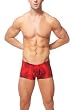 Rock On! These Tight Fitting Male Power Red Skyview Pouch Shorts Have a Rock Star Flair in the Fabric