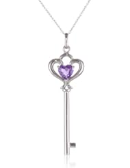 10k White Gold Heart Key Amethyst Pendant Necklace 18"