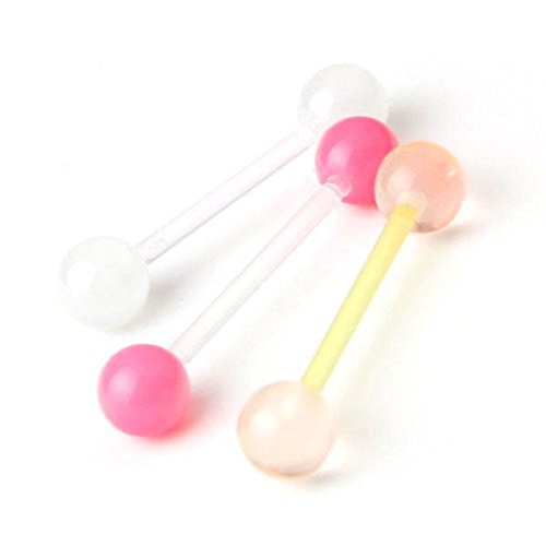 Lot 3pc 14g Fashion Glow in the Dark Flexible Bar Double Ball Tongue Lip Rings Barbell Mix Piercing