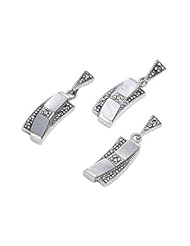 Sterling Silver Pearl Bent Rectangular Vintage Style Marcasite Earring Pendant Set