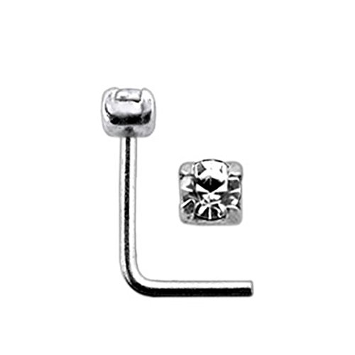 Jeweled 4 Claw Set 925 Sterling Silver L Shaped Nose Pin - Size 20G(0.8MM) 5mmx5mm