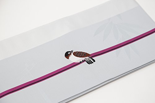 半巾帯（すずめ✕笹✕電柱柄・絹100％・締めやすい・お洒落・浴衣・着物・半幅帯・083）