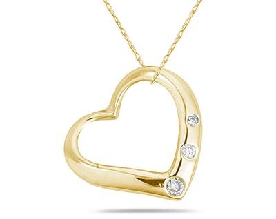 Open Heart Three Stone Diamond Pendant in 14k Yellow Gold