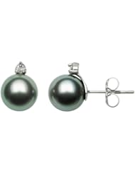AAA Quality Round Genuine 10-11mm Tahitian Black Pearl and Diamond Stud Earrings with 14kt White Gold