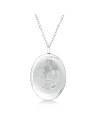 Vintage Fleur De Lis Design Engraved Locket Necklace Sterling Silver