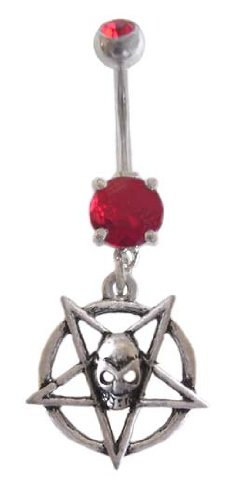 Red Goth Pentacle Pentagram Skull Dangle Belly navel Ring piercing bar body jewelry 14g