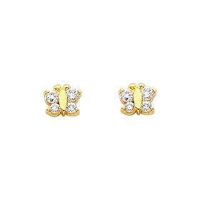 14K Yellow Gold Small Butterfly CZ Stud with Screw-back for Baby & Children