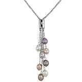 Multi-Color Cultured Pearl Multi-Strand Silver Chain Lariat w. Bar Crystal Slider
