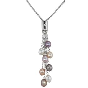 Multi-Color Cultured Pearl 4-Strand Silver Chain Lariat w. Bar Crystal Slider