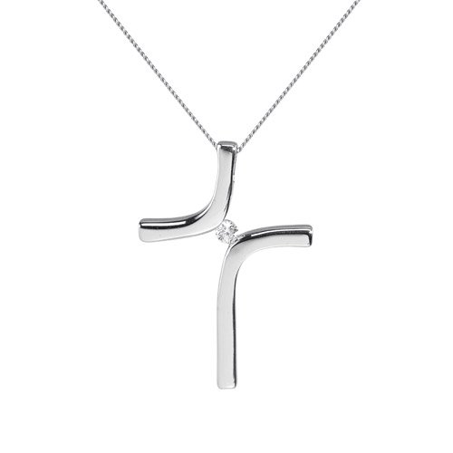 9ct White Gold Diamond Split Cross Pendant & 18 Chain