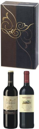 Wein Geschenkset, Sortiment sehr gute italienische Rotweine in 2er Präsentbox Elegance in Leinenstruktur, auf Wunsch mit persönlicher Geschenknachricht (ohne Aufpreis)
