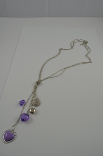 Necklace no clasp long double chain dangling hearts PURPLE