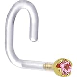18 Gauge 1/4 Inches Yellow Gold 1.5mm Genuine Pink Sapphire Bioplast Nose Ring