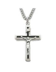 .925 Sterling Silver Crucifix Pendant Necklace in a Polished Finish and Black Enameled Design Catholic Jewelry Crucifix Pendant Necklaces Gift Boxed.w/Chain Necklace 24" Length Gift Boxed.