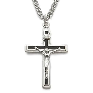 Sterling Silver Crucifix Necklace w/ Black Enamel on 24