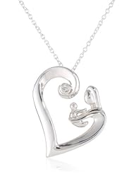 Womens Argentium Mom and Baby Diamond Heart Pendant Necklace (0.01 cttw, I-J Color, I2 Clarity)
