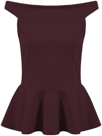 Womens Ladies Off Shoulder Sleeveless Bardot Peplum Frill Shift Skater Vest Top - WINE - UK 8/10 - (65% Polyester 30% Viscose 5 % Elastane)