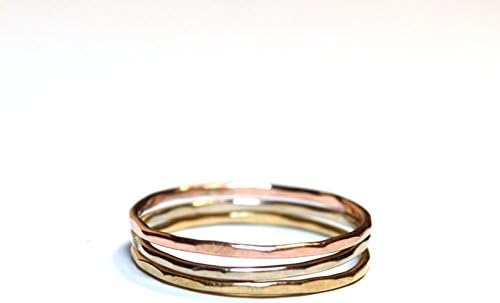 3 Tri Gold Stacking Rings - Hammered 14k Solid Gold