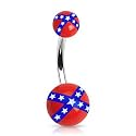 316L Surgical Steel Belly Ring with Acrylic Rebel Flag Balls - 14G - 3/8" Bar Length - 5 & 8mm Ball Size - Sold Individually