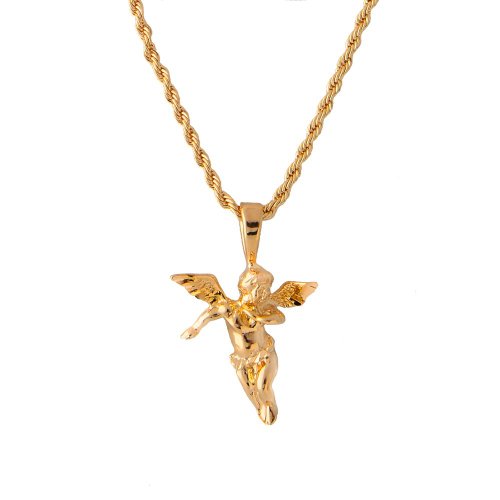 Yellow Gold Plated Cherub Guardian Angel and Rope Chain Necklace - Lifetime Warranty