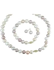 14kt 9-10mm multi colored peach, lavender, & white freshwater cultured pearl necklace, bracelet, and earring set