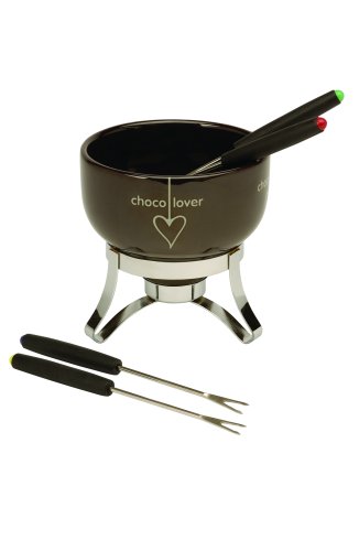 Typhoon Mega Chocoholics Stoneware Bowl with Chrome Stand Chocolate Fondue Set with 4 Stainless Steek Forks