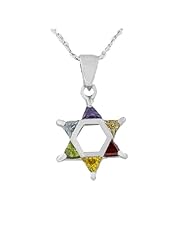 Sterling Silver Jewish Star of David Multicolor Crystals Womens Pendant Necklace